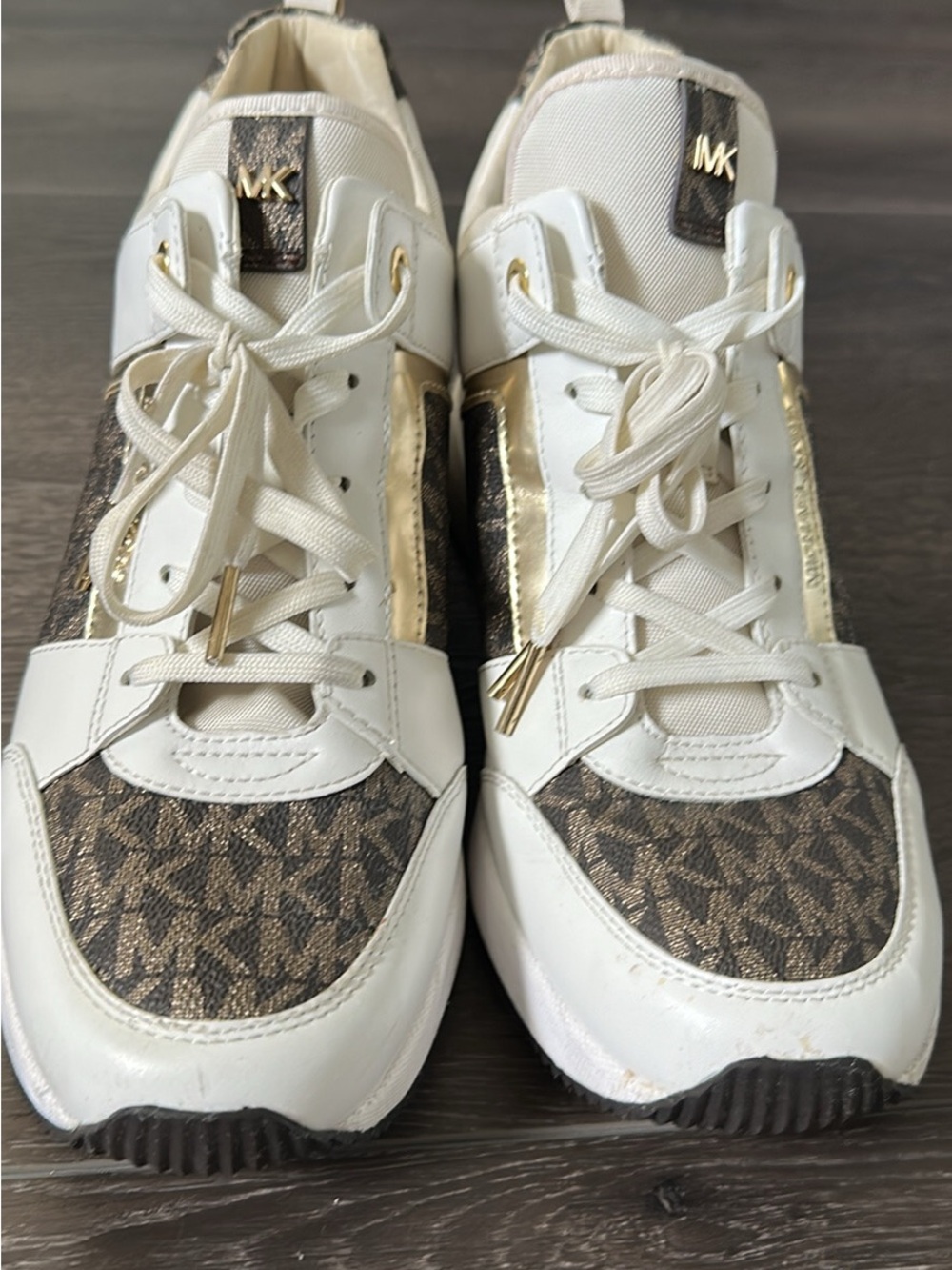 Michael Kors White, Brown & Gold Logo Sneakers